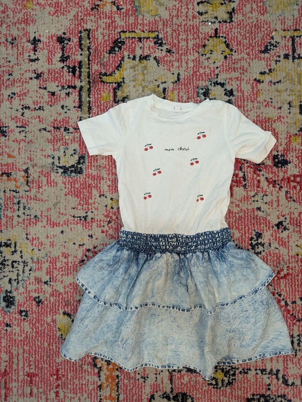Bonjoy Kids White Cherry Graphic Tee & Denim Skirt Set